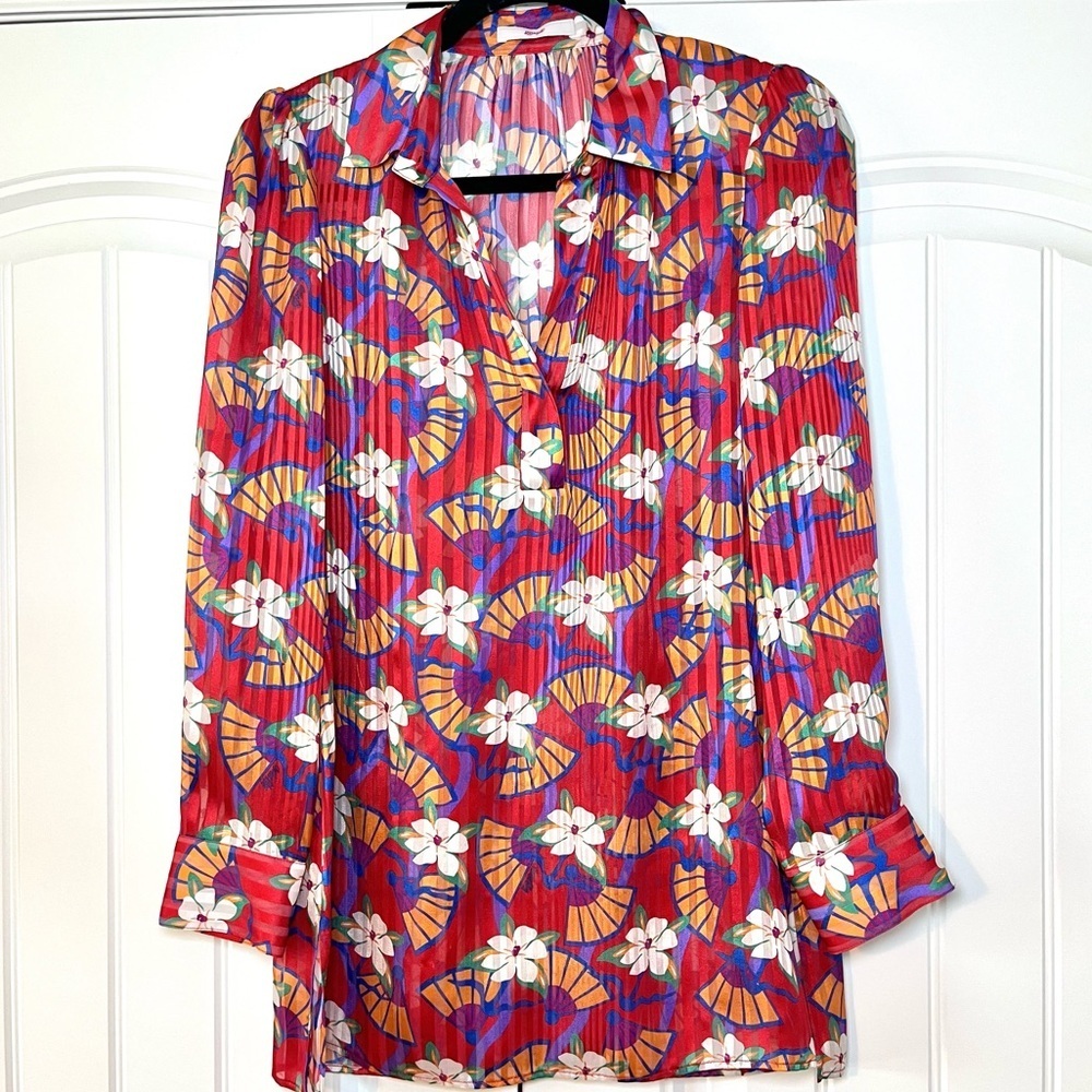 Retro Colorful Flower 70s Patterned Blouse 100% Silk Floral Women’s Size 2